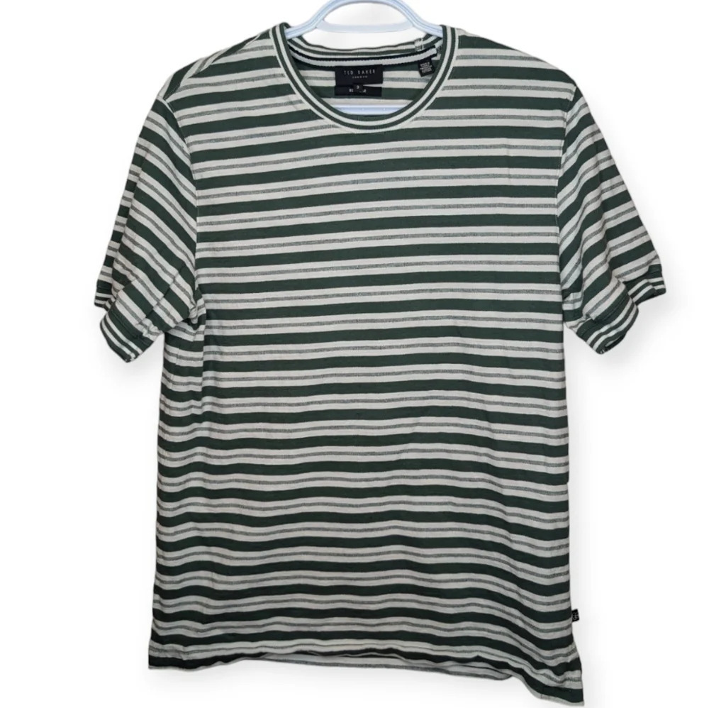 Ted Baker London Green & White Stiped Textured T Shirt Size 3 UK Medium Mens